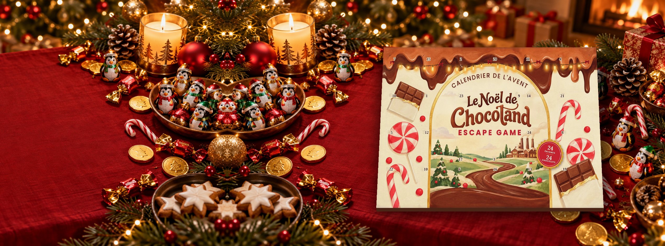 Le calendrier Le Noël de Chocoland sur une table de Noël, entouré de chocolats