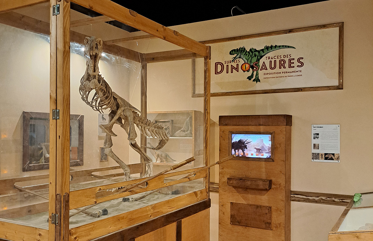 Le squelette de dinosaure sous vitrine, salle Jurassik Room