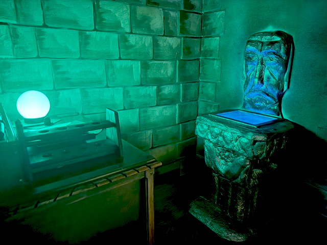 Murs de pierre sous une lueur verte, dans le décor de Dark Magic School à Aéroville
