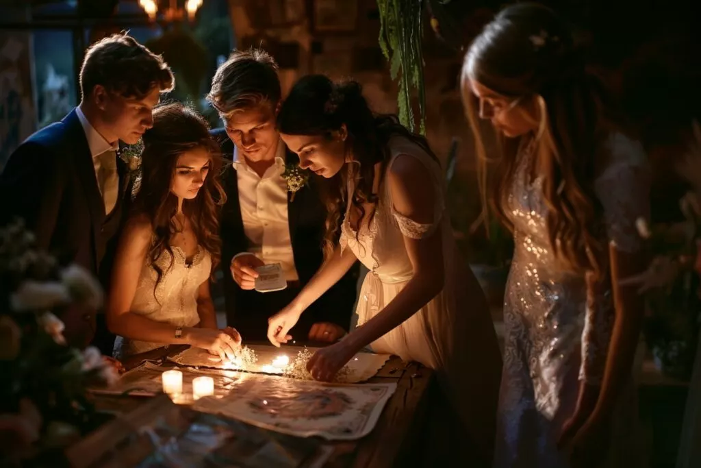 invités à un mariage jouant  à un escape game