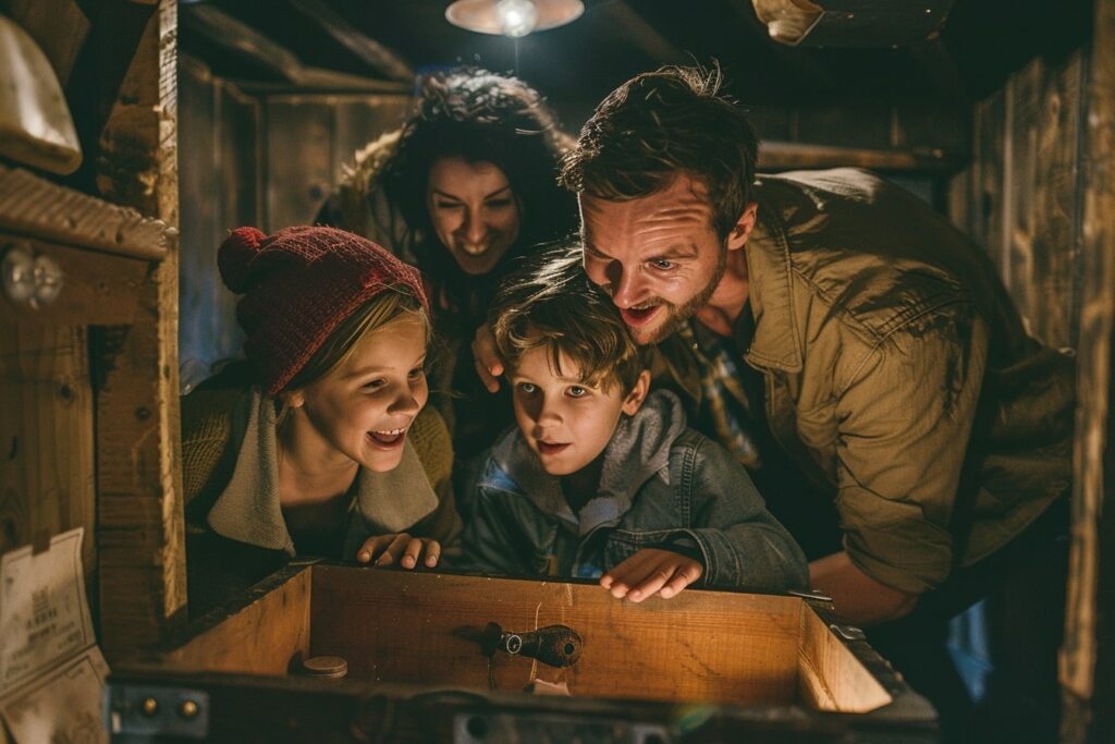 une famille réalisant un escape game