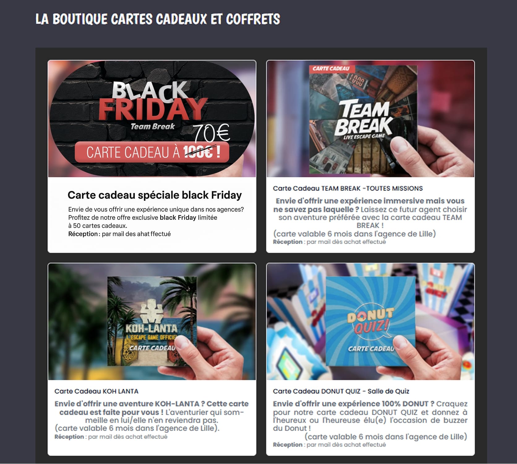 choix des cartes cadeaux team break
